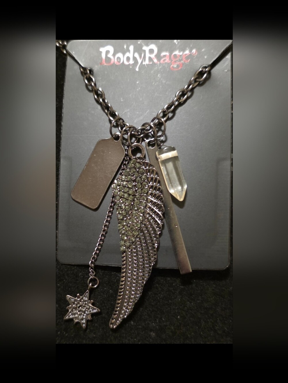Silver Wing & Charm Necklace in Gunmetal